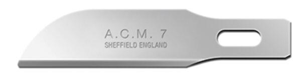 The image displays a sharp blade, slightly curved, made of shiny metal. Engraved on the blade are the inscriptions "A.C.M. 7" and "SHEFFIELD ENGLAND".