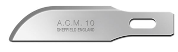 The image shows a smooth, curved metal blade with a sharp edge. Engraved in the blade are "A.C.M. 10" and "SHEFFIELD ENGLAND".