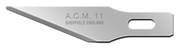The image shows a sharp metal blade with a pointed, curved shape. On the blade is the imprint "A.G.M. 11 SHEFFIELD ENGLAND". It has a hole for mounting.