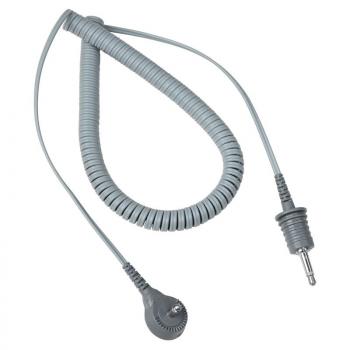 The image shows a gray, spiral-shaped cable with a round plug at one end and a straight plug at the other end. The cable is flexible and of medium length.