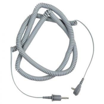 The image shows a gray spiral cable. It is neatly coiled, and there is a small plug at one end. The cable appears flexible and is suitable for audio connections.