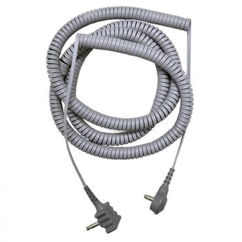 The image shows a gray, spirally coiled cable. It has a plug at each end, one is flat and the other has a slightly curved shape. The cable is quite long.