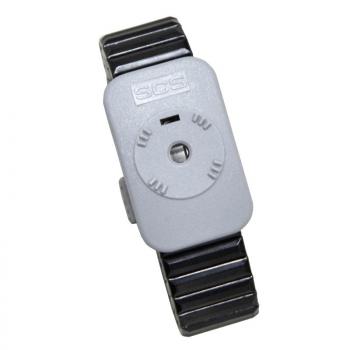 Das Bild zeigt eine graue digitale Armbanduhr mit einem rechteckigen Gehäuse und einem schwarzen, flexiblen Armband. Auf dem Gehäuse sind Drehknöpfe und Markierungen zu sehen.