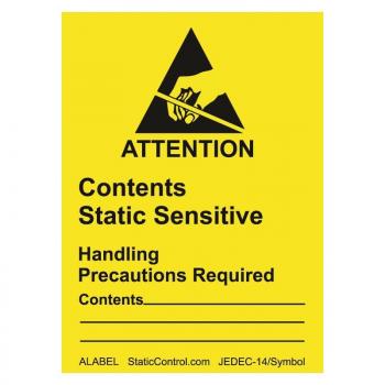 The image displays a brightly yellow caution sign. At the top, there is a black symbol featuring a hand and a triangle. Below it reads 