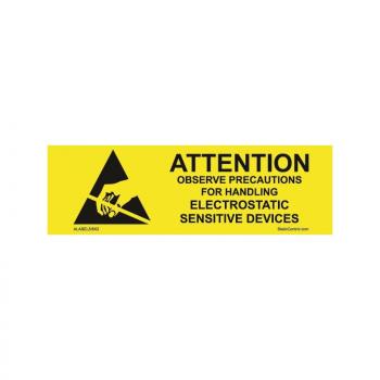 The image displays a yellow warning sign with black text. It indicates the need to observe precautions when handling electrostatically sensitive devices. A hazard symbol is depicted.