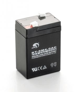 The image shows a black lead-acid battery. It has a rectangular shape with a transparent lid. On the front, technical data and symbols are printed.