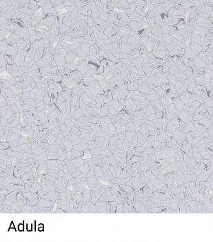 The image shows a bright, gray surface made up of many small, irregular, and shiny particles. These are arranged in various shades of gray. Below it reads "Adula".