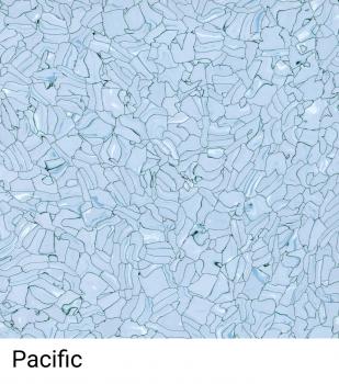 Das Bild zeigt eine matte, strukturierte Fläche in verschiedenen Blautönen mit unregelmäßigen Formen, die an Wasser oder Glas erinnern. Unten steht "Pacific".