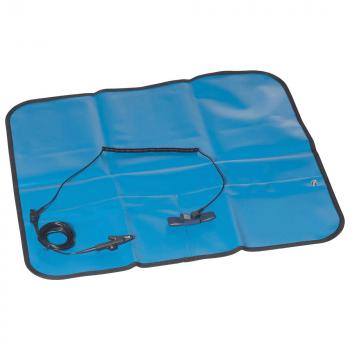 The image shows a blue, foldable mat. On the mat, there is a cable with a clip. The mat appears smooth and has a simple, practical look.