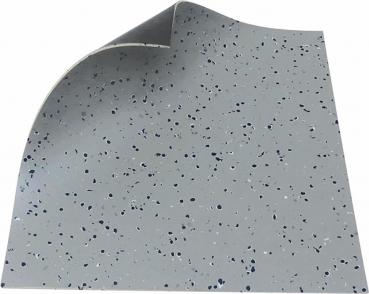 The image displays a piece of light gray flooring with colorful, irregular dots in blue and white. One corner is flipped up, revealing the structure.