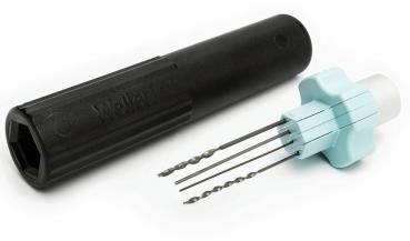 In the picture, there is a black tool handle and a light blue, star-shaped insert with several small, straight drill bits. They are designed for precise work.