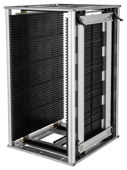 The image displays a rectangular structure made of aluminum with black slats on the sides. The slats are arranged vertically, creating a modern, technical look.