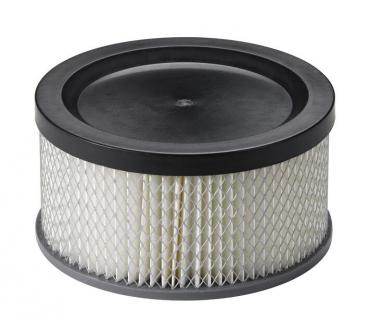 The image shows a round air filter with a black top part and a white, corrugated filter element. The structure is fabric-like and has a grid arrangement.