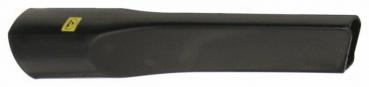 The image shows a black, elongated object with a wide, oval opening at one end. The object has a smooth surface and a yellow logo or symbol on the side.
