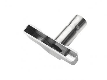 The image shows a metallic component with a T-shaped structure. It has a round, cylindrical part in the middle and a flat, rectangular area on the side.