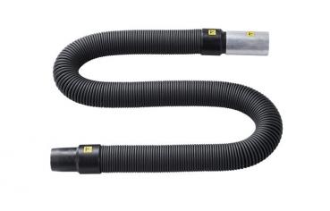 The image displays a flexible, slotted hose that coils in gentle waves. It features different connectors on each end: one gray and one black with yellow markings.