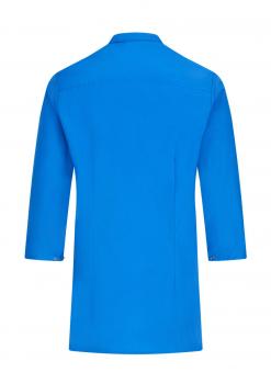 The image shows a simple, long-sleeved top in bright blue. It has a high collar and is cut in the back, without any striking details or patterns.