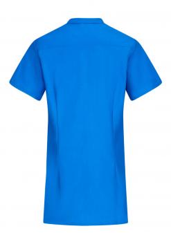 The image shows a simple, solid-colored, short T-shirt in bright blue. It has a standard collar and short sleeves. The back is plain and smooth.