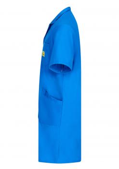 The image displays an article of clothing: a blue, short-sleeved top with a collar. It features two pockets on the front and appears simple and functional.