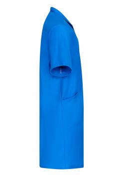 The image shows a short-sleeved, knee-length garment in bright blue. It has a simple cut and a side pocket. The collar is plain and round.