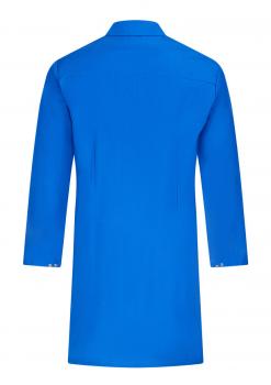 The image shows a long-sleeved, solid-colored shirt in a vibrant blue. It features a classic collar and ends about mid-thigh. The back view is clear and patternless.