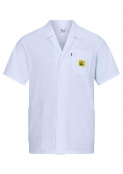 The image shows a short, white lab coat. It has a collar, a chest pocket patch with a yellow symbol, and two side pockets.