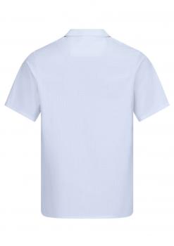 The image displays a short, light blue polo shirt from the back. It features a classic collar and short sleeves, without any special embellishments. The fabric appears smooth and solid-colored.