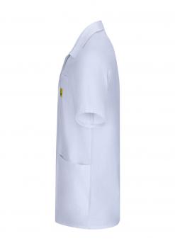 The image displays a white polo shirt made from a lightweight fabric. It features short sleeves, a collar, and a chest pocket. A small yellow detail is visible on the side.