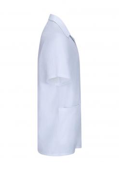 The image shows a simple, white short-sleeved top. It has a classic collar and a chest pocket on the left side. The shape is straight cut.