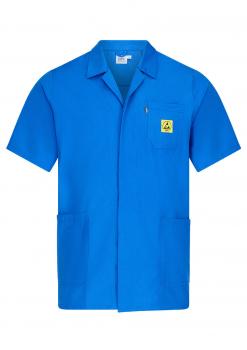 The image displays a knee-length, light blue shirt with short sleeves. It features a collar, a chest pocket with a yellow warning symbol, and two side pockets.