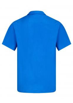 The image displays a short, solid-colored t-shirt in vivid blue. It features a classic collar and short sleeves. The fabric appears smooth and lightweight.