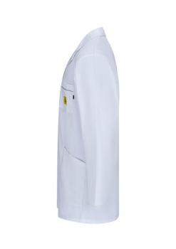 The image shows a white fabric coat depicted from the side. It features a large, open collar, long sleeves, and a chest pocket. The coat appears professional and simple.