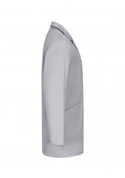 Das Bild zeigt einen grauen Blazer von der Seite. Der Blazer hat einen klassischen Schnitt, einen Kragen und eine Tasche auf der Vorderseite. Der Stoff wirkt glatt und elegant.