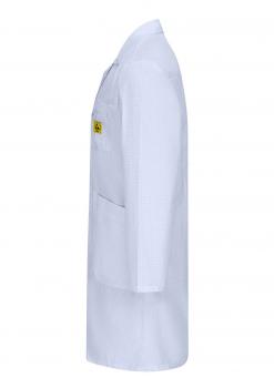 The image displays a white lab coat. It features long sleeves, a chest pocket on the left side, and a yellow emblem or label on the chest. The coat is simple and functional.