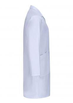 The image depicts a white coat in profile. It has long sleeves, a collar, and a side pocket. The fabric appears smooth and lightweight. The coat extends to mid-thigh.