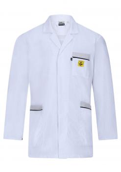 The image shows a white lab coat with long sleeves. It features a simple collar, a small chest pocket with a yellow logo, and two side pockets with gray accents.
