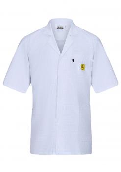 The image shows a white, short-sleeved work jacket. It features a lapel collar, two front pockets, and a small yellow emblem on the left side. The fabric is textured.