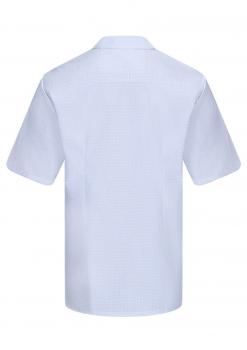The image shows a light blue, short-sleeved shirt with a straight cut. It features a classic collar and is without any patterns. The back is clear and simple.