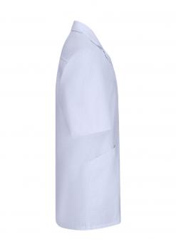 The image shows a blue smock made of lightweight fabric. It has a simple collar, short sleeves, and a side pocket. The smock features a tailored design and looks professional.