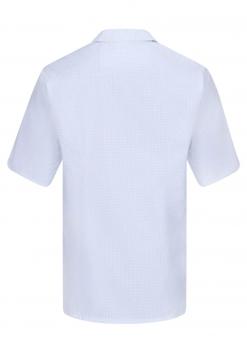 The image shows a light blue short-sleeve shirt with a classic collar. It has a simple, straight fit and is solid-colored without any patterns. The back view is visible.