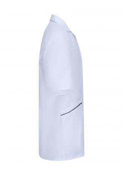 The image shows a white coat, half-sleeved with a classic cut. It features a continuous front, a collar, and a side pocket with a black stripe.