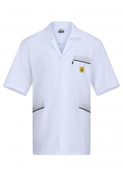 The image shows a white coat with short sleeves. It features a classic collar, a chest pocket, and two side pockets with black zippers.