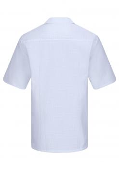 The image shows a light blue shirt with short sleeves. It features a classic collar and is solid colored, without any noticeable patterns or details. The back view is visible.