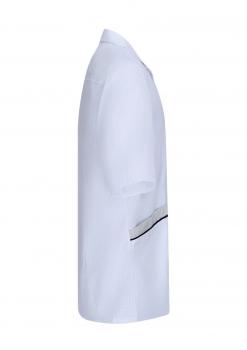 The image shows a white coat. It has a collar, short sleeves, and a straight shape. At the hem, there is a black band visible, which gives the coat an elegant touch.
