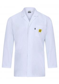 The image shows a white lab coat with long sleeves. It features a small lapel collar and a chest pocket. There is a yellow logo on the pocket. The coat is simple and functional.