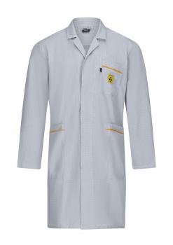 The image shows a light gray lab coat with long sleeves. It has a chest pocket and two side pockets, which are decorated with a yellow border. A yellow symbol is located on the chest.