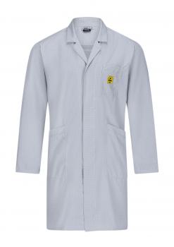 The image shows a light gray lab coat with long sleeves. It has a chest pocket and two side pockets. On the left side, there is a yellow symbol, possibly a warning sign.