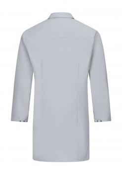 The image shows a light gray shirt from the back. It has a classic collar and long sleeves. The sides are straight and it ends just above the hip. The buttons are visible on the sleeve cuffs.