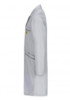 The image shows a gray lab coat made of lightweight material. It has long sleeves, a straight fit, and a chest pocket with a yellow warning symbol. The coat features black accents.