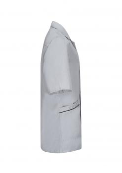 The image shows a gray work jacket with short sleeves. It has a simple cut and a patch pocket on the front. The fabric appears lightweight and easy to care for.